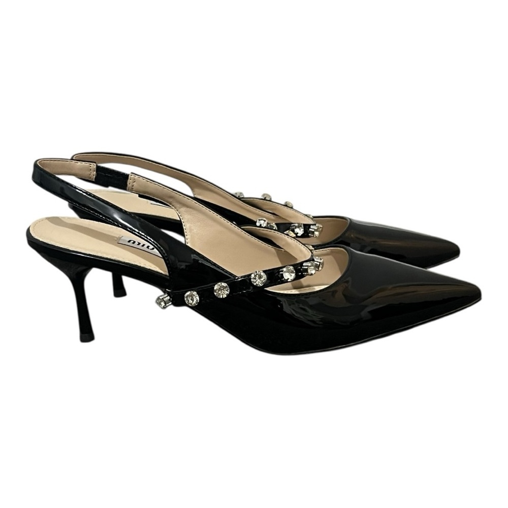 Miu Miu Black Patent Leather Crystal Slingback Pumps Size 38 Like New - Picture 3 of 8